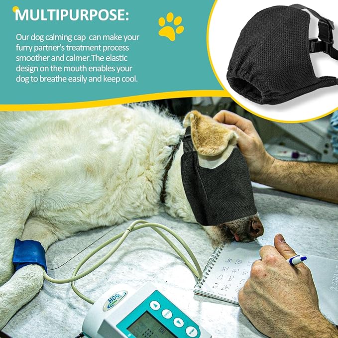 OHCOZZY Dog Calming Cap Eye Mask for Anxiety, Adjustable Nylon Pet Eye Cover for Grooming & Nail Trimming(M,Black)
