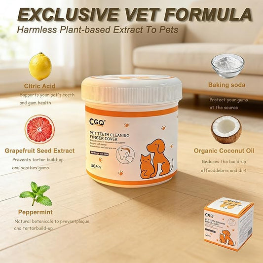 CGO Pet Teeth Cleaning Finger Wipes (50 Count) - Soft Dental Finger Covers for Dogs & Cats - Effectively Removes Plaque & Tartar, Freshens Breath - Alcohol-Free, Non-Irritating Oral Care Routine