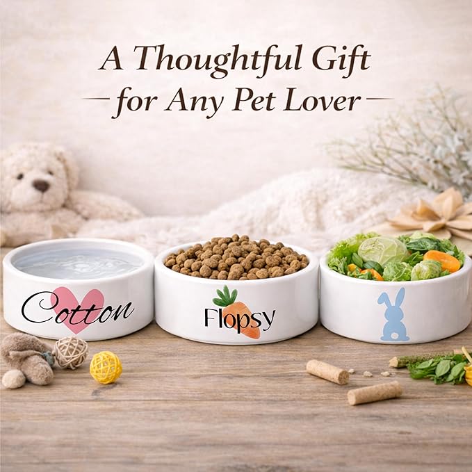Custom Rabbit Bowl | Personalized Food & Water Dish with Name | Microwave & Dishwasher Safe Ceramic Pet Feeding Bowl | Gift Idea for New Bunny Owners | White – Small