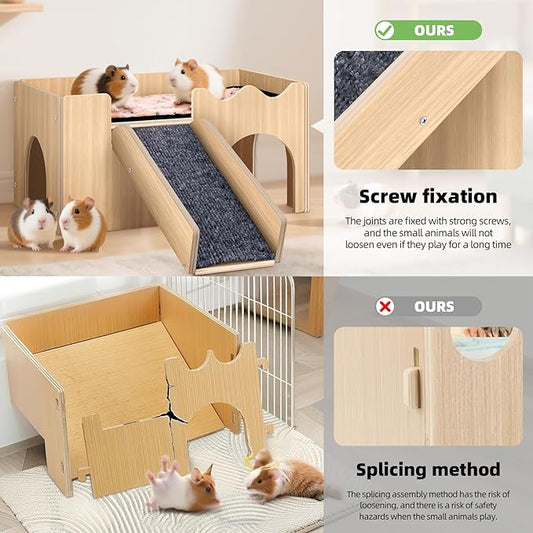 Extra Large Guinea Pig Hideout Castle, Natural Chew Proof Wooden Small Animal House with Anti-Slip Stairs & Mat, 2-Story Detachable Habitat, Easy to Assemble for Guinea Pigs, Rabbits, Hamsters