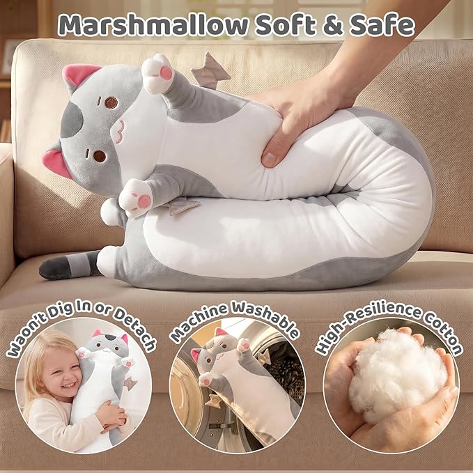 Mewaii Long Cat Plush 5 Sizes, 120% Extra Filling Giant Plushness Kids Body Pillow, Kawaii Cute Grey Cat Stuffed Animals Plushies, Big Long Body Pillow Cat Plush Gift for Girls 36”