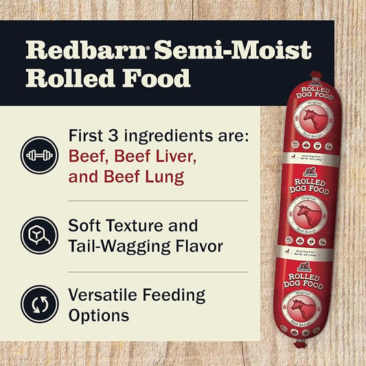 Redbarn Pet Products All-Natural Premium Rolled Dog Food, Beef Recipe - Soft Semi-Moist Wet Formula for High Protein Diet, Training Rewards, & Treat Pill Concealer - 4 lb, 1 Count (Pack of 2)