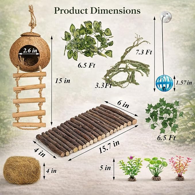 RUNANIA Crested Gecko Tank Accessories,Reptile Vines Plants with Coconut Shell Ladder Hideout Hermit Crab Decor for Leopard Gecko Lizard Chameleon Tortoise Snake Terrarium Decor