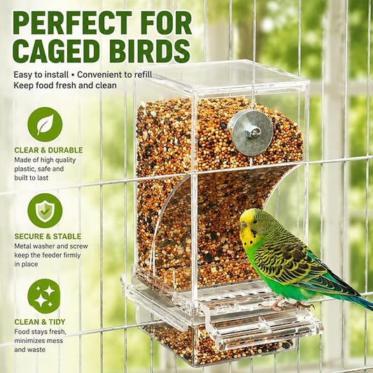 Rypet No Mess Automatic Bird Feeder Transparent Food Container Cage Acrylic Parrot Feeder Accessories for Small Birds Parrot Cockatoo Canary