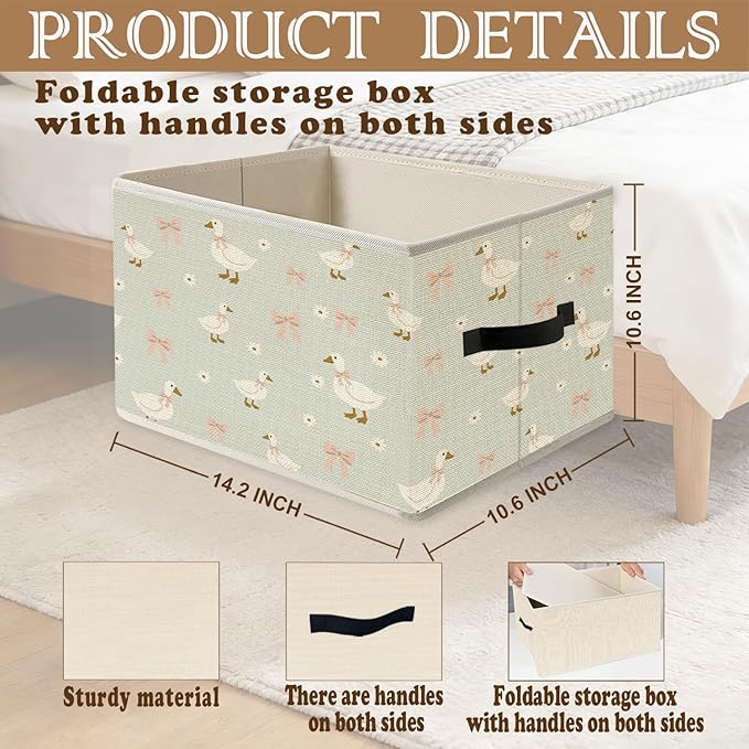 Pink Bow Floral Goose Storage Bins, Goose Nursery Decor, Cute Geese Foldable Closet Organizers Storage Basket Toybox for Kids Toddler Teens Playroom Bedroom Clothes Bed Sheets Blankets Toys