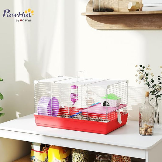 PawHut 18.5" Hamster Cage with Exercise Wheel and Water Bottle, Dish, Rat House and Habitat 2-Story Design, Red