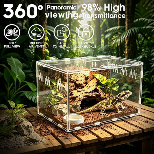 Jumping Spider Enclosure, Insect Terrarium, Bug Cage, Acrylic Terrarium for Tarantula, Snail, Praying Mantis, Frog, and Small Reptiles, Includes Tweezer and Bowl, (11.8" x 7.8" x 5.9")