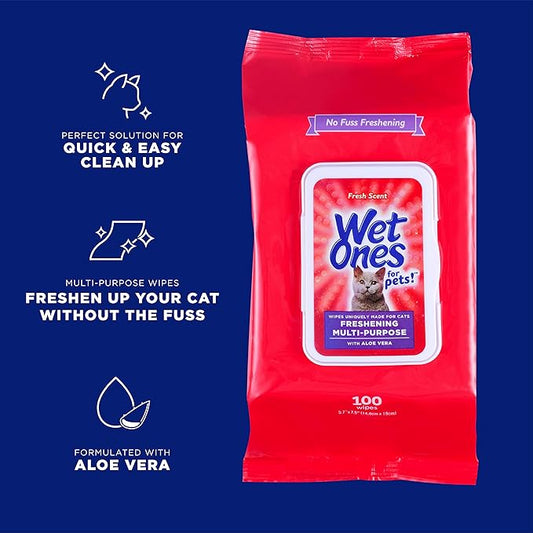 Wet Ones for Pets Freshening Multipurpose Cat Wipes with Aloe Vera, Fresh Scent - Easy to Use Cat Freshening and Grooming Wipes with Wet Lock Seal, 100 Count - 12 Pack