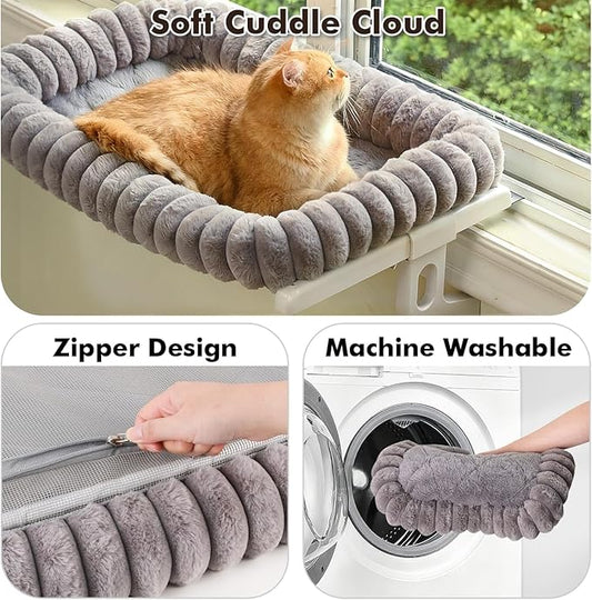 Zoratoo Cloud-Cuddle Cat Window Perch with 4-Sided Bolster, Zipper Design Cushion Window Seat for Window Sill, Sturdy Metal Frame & Easy Assembly Pet Hammock Bed for Indoor Cats (Gray, Large)