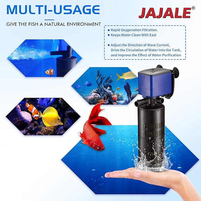 320 GPH Internal Filter Submersible Pump - 3 in 1 Aquarium Fish Tank Pump with Oxygenation, Filtration & Water Cycling, 3.9 ft max lift, 20W - 3 Pack