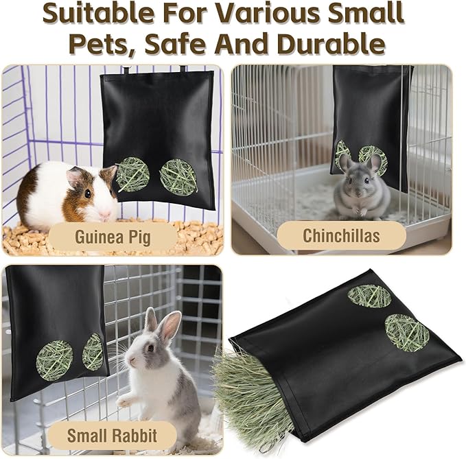 2Pcs Hanging Hay Feeder Bag for Guinea Pigs, Capacity of 0.35 Pounds of Hay, 11.8 x 9.8 Inch Bilayer Harmless Artificial Leather, 2-Hole Washable Hay Feeding Pouch for Small Rabbit, Chinchillas