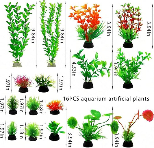 16-Piece Artificial Aquarium Plants Set – Vibrant, Realistic Fish Tank Decorations for Aquariums, Reptile Terrariums, and Aquatic Landscapes