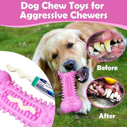 Toothbrush Dog Chew Toy, Stick Bone for Dog Teeth Cleaning, Tooth Brushing, Teething Chew Toys, Interactive Treat Dispenser Toy & Bite and Brush Toy for Medium and Large Dogs - Pink