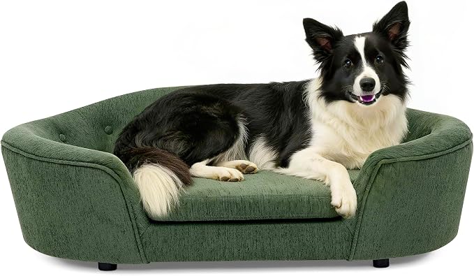 Dog Couch Bed with Oval Semi-Enclosed, Durable Linen Material Pet Sofa Couch with Soft Foam Cushion, Dog Sofa Bed with Legs for Medium Dogs, Green
