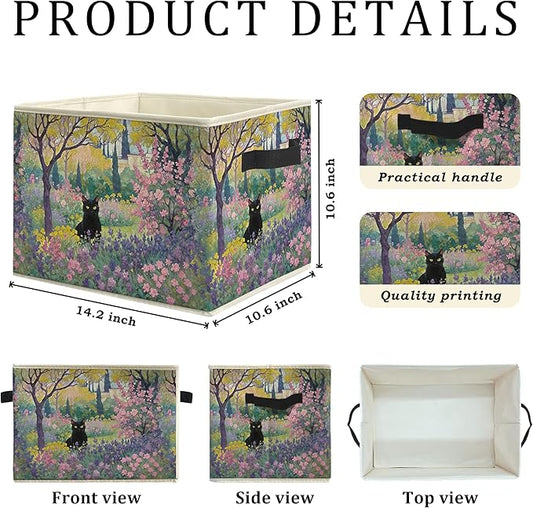 Black Cat Flower Garden Storage Bin Box, Cat Lover Mom Lady Grandma Gifts Collapsible Storage Basket Organizer for Bedroom Bathroom Home Clothes Toys Books, Toybox for Girls