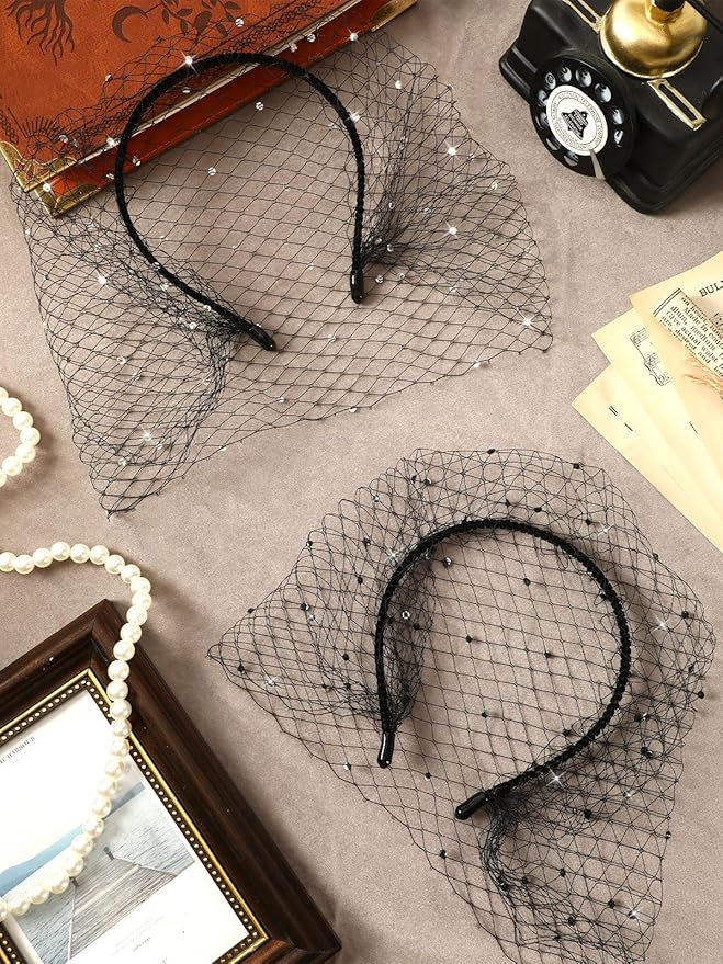 Jansun Black Veil Mesh Veil Headband 1920s Headpiece Birdcage Veil Bridal Wedding Tea Party Fascinator Veil for Women