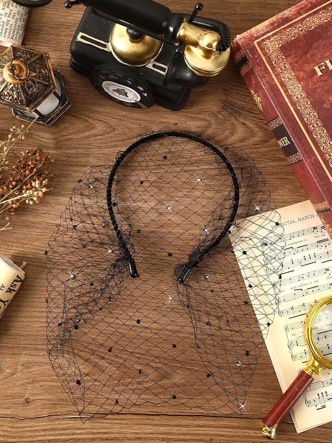 Jansun Black Veil Mesh Veil Headband 1920s Headpiece Birdcage Veil Bridal Wedding Tea Party Fascinator Veil for Women