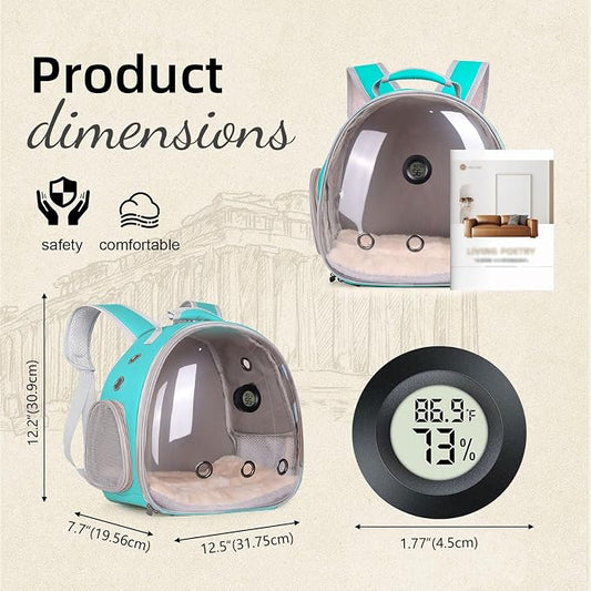 Bearded Dragon Travel Backpack Carrier with Reptile Thermometer and Humidity Gauge Lizard Travel Cage Space Capsule Clear Bubble Window Astronaut Reptile Bag for Ball Python (Green, Backpack+I LSH)