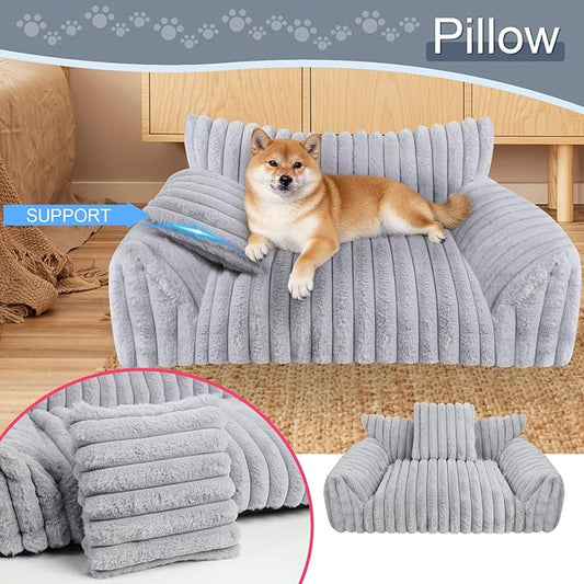 Cute Dog Cat Couch for Medium Large Dogs,Fluffy Pet Sofa Dog Couch Bed with Premium Soft Corduroy Fleece,Cute Washable Dog Bed Medium Large Size Dog,Supportive Cat Sofa Pet Bed(36x27x10,Grey)