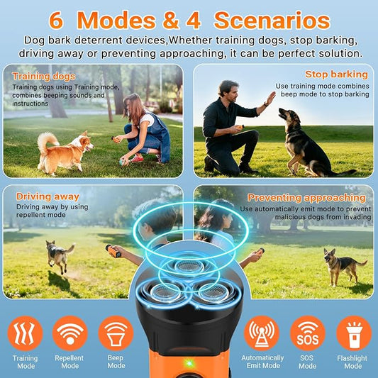 Dog Bark Deterrent Device,3X Anti Barking Device,6 Training Modes&4 Using Scenarios Dog Whistle to Stop Barking,50FT Range Ultrasonic Dog Repeller,Indoors&Outdoors Dog Barking Silencer