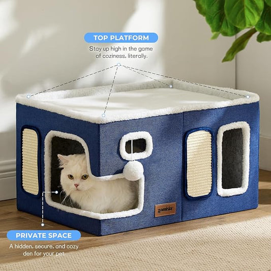 ZOMISIA Extra-Wide Cat House for Indoor Cats - Large Cat House for Pet with Fluffy Ball Hanging and Scratch Pad, Foldable Cat Hideaway for Multi Cats, 23x16.5x13 inches, Grey