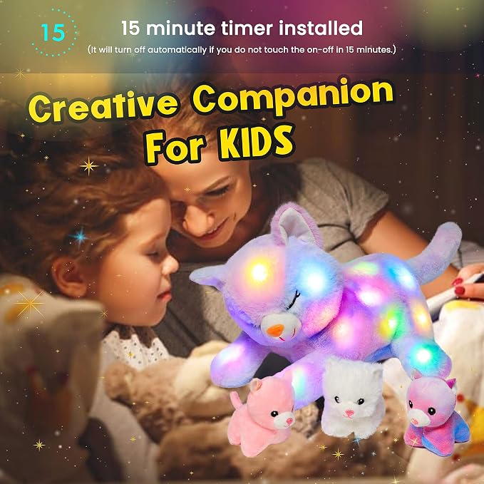 Hopearl LED Plush Cat Lighting Up Stuffed Mommy Cat with 3 Baby Kittens in her Tummy Stuffed Animal Playset Night Lights Glow in The Dark for Mom Kids Toddler Girls, Rainbow, 18''