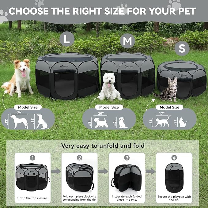 Siedihit Dog Cat Playpen with Washable Pee Pad, Puppy Pet Playpen Indoor for Small Dog Crate Tent Cage Outdoor, Portable Pop Up Dogs Enclosure Kennel with Carrying Case,Dark Grey