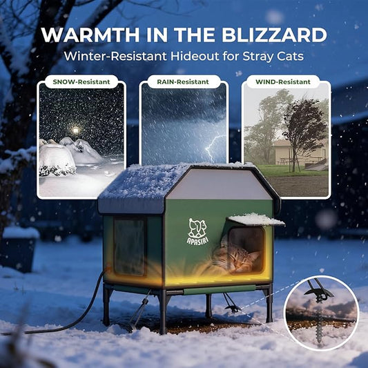 Heated Outdoor Cat House for Winter: Insulated with Heating Pad, Indestructible Weatherproof Winter Shelter, Elevated Support to Keep Interior Dry for Stray Cats, Medium