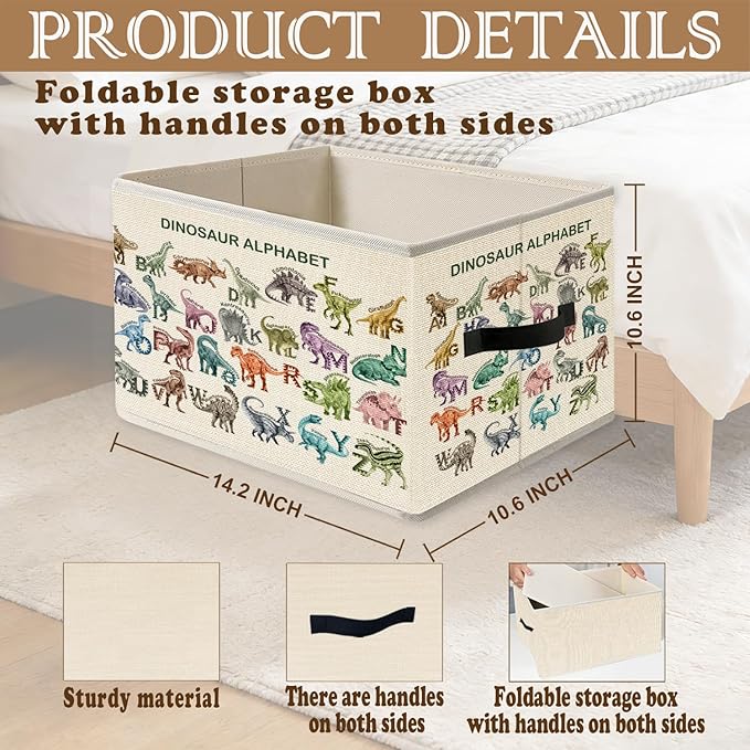 Alphabet Dinosaur Kids Storage Bins, ABC Education Dino Foldable Closet Organizers Storage Basket Toybox for Toddler Playroom Nursery Preschool Classroom Clothes Bed Sheets Blankets Toys