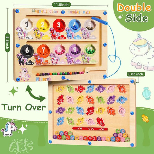 2 in 1 Double Side Magnetic Color & Number Maze, Alphabet Board Aged 1-3 Unicorn Toys, Montessori Magnet Puzzle Learning Counting Matching Gifts for Toddlers Kids Girls Boys 3 4 5 Birthday Gifts Toys
