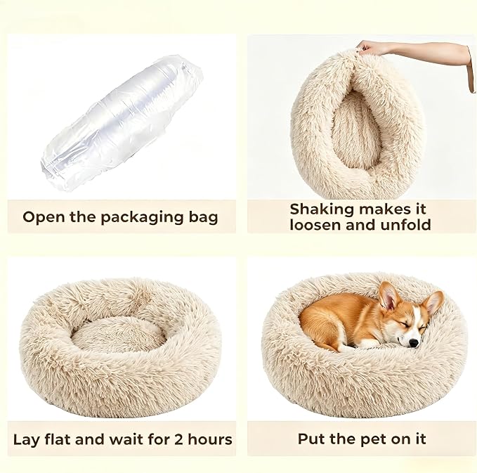 Calming Donut Dog and Cat Bed for Indoor Cats, Anti-Anxiety Round Fluffy Soft Washable Small Pet Bed for Puppy and Kitten, Warming Comfortable Luxury Anti-Slip Waterproof Mute Base 20in Light Brown
