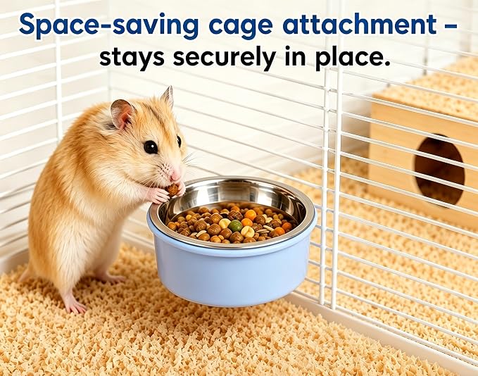 Small Pet Food & Water Bowl Feeder for Hamsters, Guinea Pigs, Rabbits | Secure cage bowl with removable stainless steel insert reduces spills, saves space, convenient daily feeding
