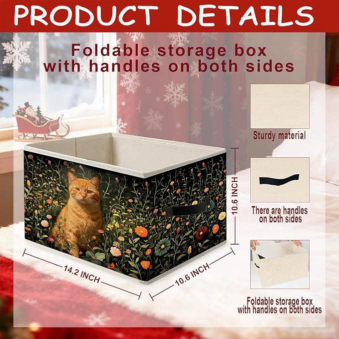 Dark Green Wildflower Orange Cat Storage Bins, Cottagecore Floral Botanical Cat Foldable Closet Organizers Storage Basket Toybox for Clothes Bed Sheets Blankets Toys