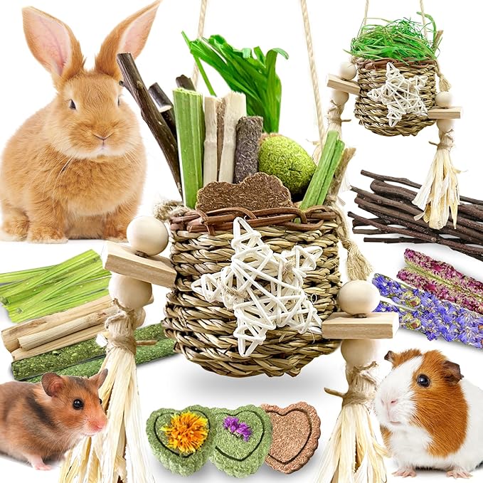 26Pcs Bunny Toys Basket for Small Pets, with 14Pcs Replacement Rabbit Toys for Bunnies Boredom Set Hanging Rodent Dental Toy with Papaya Stems Sweet Bamboo Hamsters, Chinchillas, Guinea Pigs
