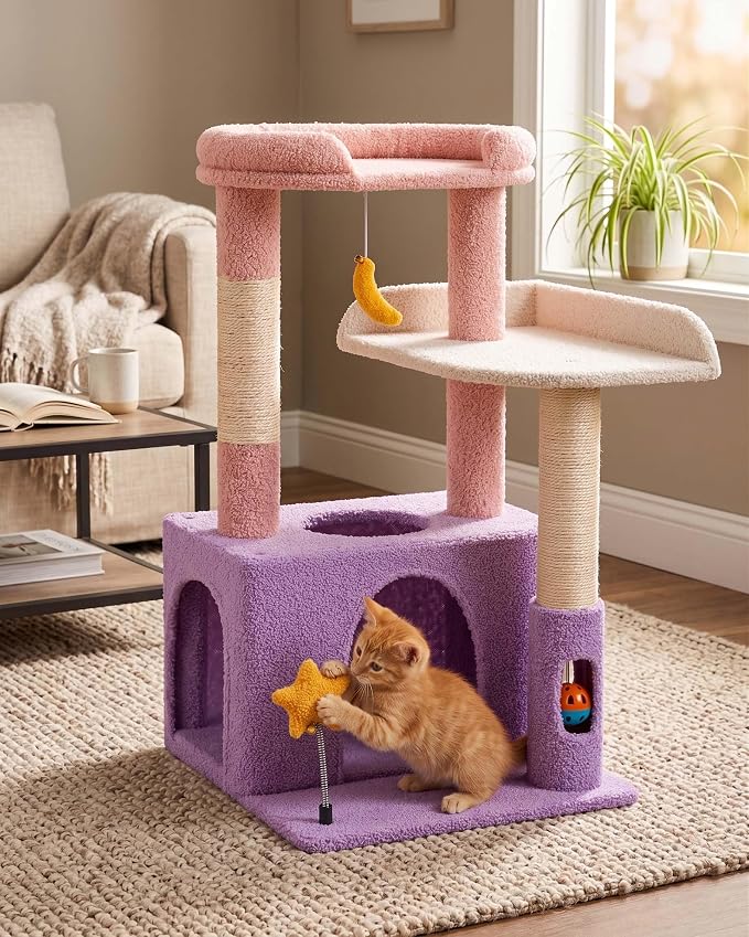 31" Cute Cat Tower for Indoor Kittens with Cat Condo, Plush Platform, Hammock, Sisal Scratching Posts, Dangling Ball, Tall Cat Tree Tower with Self-Grooming Brush (Moonlit Violet)