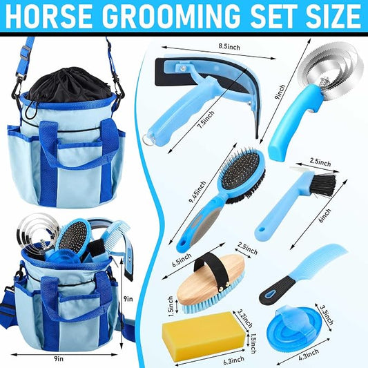 Cunhill 9 Pcs Horse Grooming Kit Tack Room Supplies Set with Tote Bag, Oval Massage Curry, Hard and Soft Brush, Hoof Pick, Sweat Scraper, Bathing Sponge, Comb for Horse Rider(Classic,Light Blue)