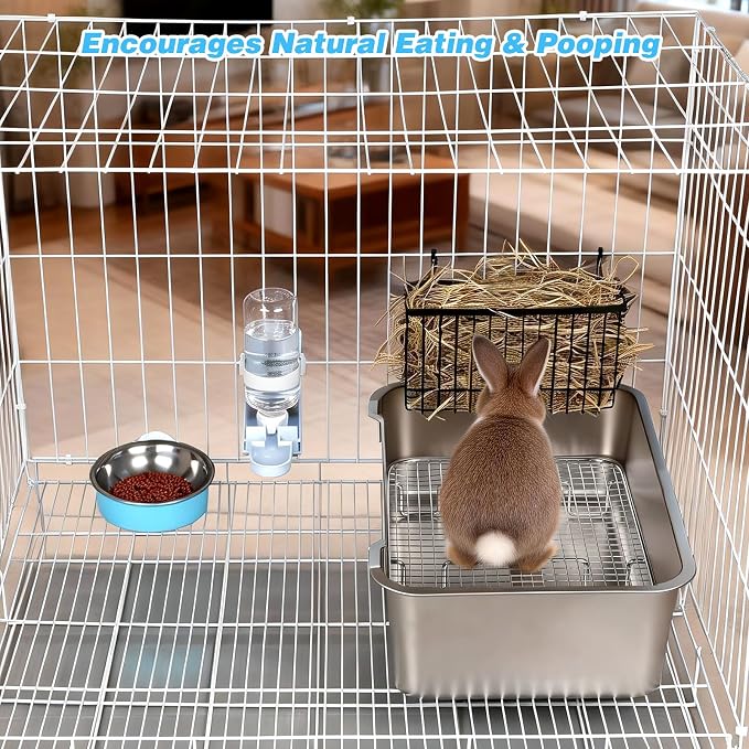 YUEPET 4-in-1 Large Rabbit Litter Box, Non-Slip Stainless Steel Litter Boxes with Sifting Grid & Hay Feeder Food Bowl, Easy Cleaning Bunny Litter Box with Odor Control for Rabbits Small Pets(L)