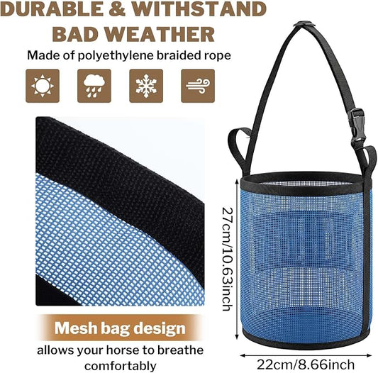 3 Pack Horse Feed Bag for Grain, Blue PVC Mesh Feed Bags for Horses with Adjustable Strap, Durable Feeder for Camping or Stable Use
