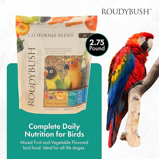 RoudyBush California Blend Pellets for Birds - Scientifically Formulated Bird Feed - Bird Food Pellets w/Dried Fruits, Vegetables & More - Nutritious & Healthy Feed for Birds (Mini, 44oz)