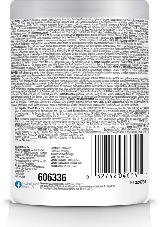 Hill's Science Diet Adult Sensitive Stomach & Skin Wet Cat Food, Salmon & Tuna, 2.8 oz. Pouches, 24-Pack