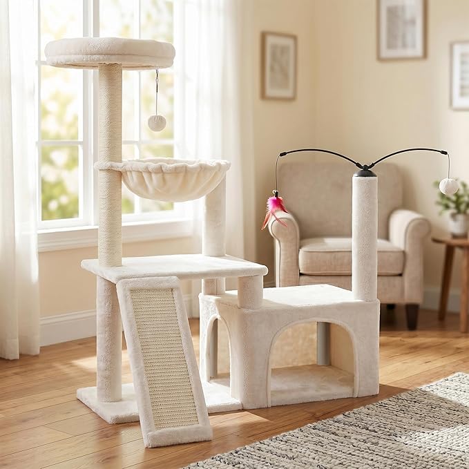 YUNIQUE Multi-Functional Cat Tree Tower, Big Cat Condo with Scratching Board, Rotating Toy & Deep Hammock, Luxury Perch Kitty Furniture for Indoor Cats (Beige)