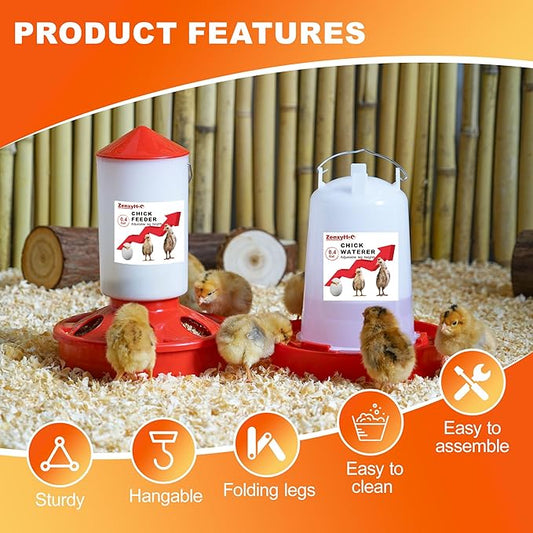 2-in-1 Chick Starter Set: 0.4 Gal Top Filling Feeder and 0.4 Gal Waterer with Adjustable Legs for Baby Chicks, Includes Scoop, Hanging Hooks, Anti-Drown Design (Red)