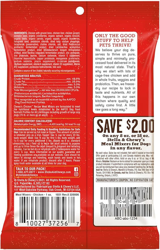 Stella & Chewy's Freeze-Dried Raw Chicken Meal Mixers- Dog Food Topper and Mixer - Made with 95% Cage-Free Chicken, Organs & Bone - Perfect for Picky Eaters - Grain-Free - 1oz (Pack of 2)