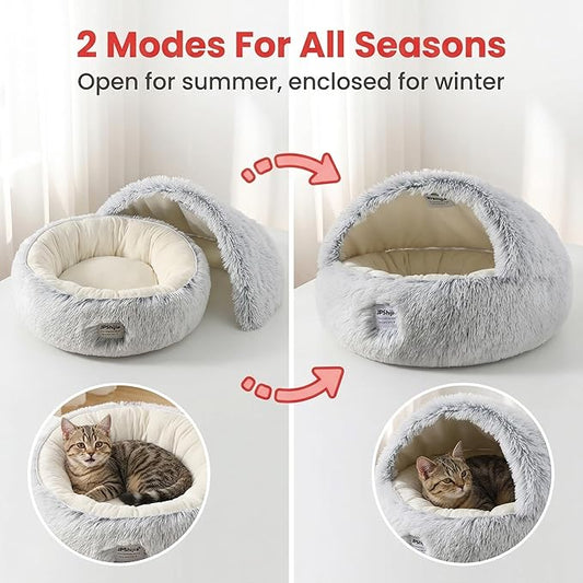 Hooded Dog Bed, Cat Cave Bed with Removable Hood, 2-in-1 Convertible Donut Cat Bed, All Season Fluffy Pet Bed for Cats Small Dogs (Cave Nest - Grey, Medium 19.7 Inches)