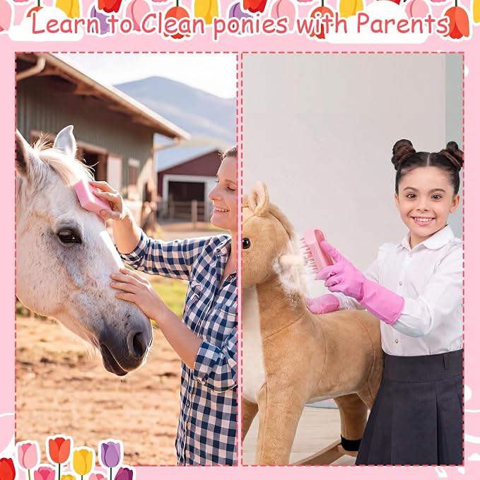 7 Pcs Hobby Horse Grooming Kit Pony Accessories Care Set with Storage Bag Brushes Combs & High-Density Sponge for Plush & Long Mane Care - Pink Nordic Style
