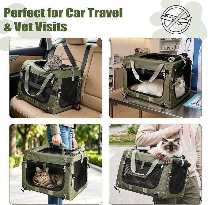 Extra Large Cat Carrier for Large Cats or 2 Small Cats - Soft-Sided Pet Carrier for Car Travel, Top Load, 4 Openings, Anti-Sag Iron Frame, Anti-Sagging pad, Zipper Lock Buckle, Foldable, Green