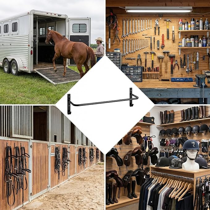 4Pcs Horse lanket Rack with Bridle Hooks, 34 Inch Steel Wall Mounted Removable Horse Blanket Bar, Can be installed on stall doors, Saddle Pad Rack for Hanging Blankets Pads, Saddle Blankets, Black