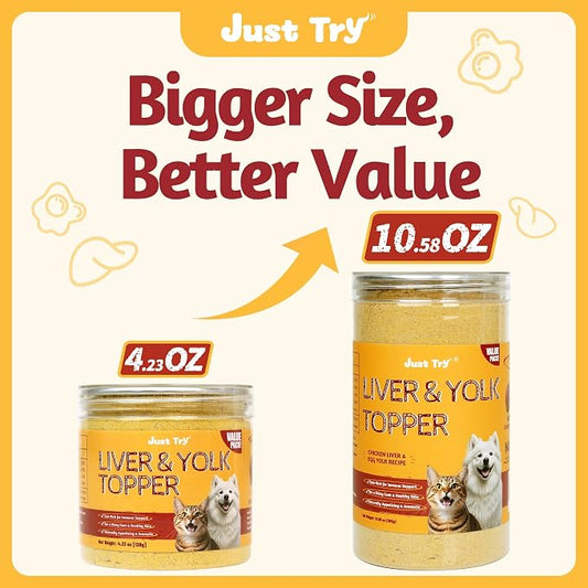 Just Try 10.58 OZ Chicken Liver & Egg Yolk Sprinkles Dog and Cat Food Toppers Mixers with Freeze Dried Egg Yolk, High Protein & Iron Support