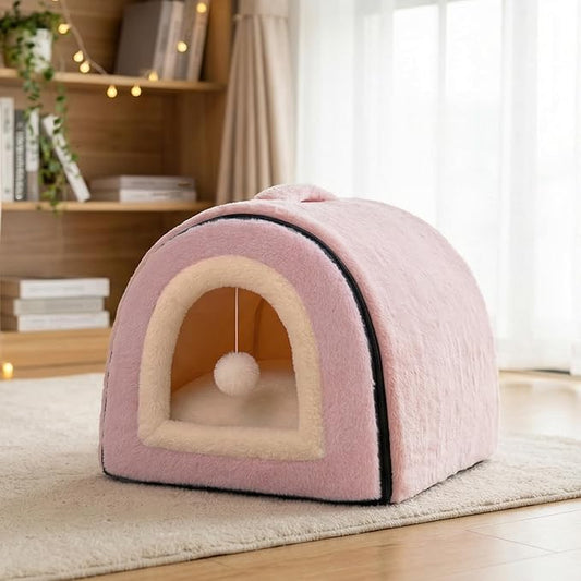 Cat Bed for Indoor Cats,Foldable cat cave,Anti-Slip & Water-Resistant Bottom,cat Houses for Indoor Cats or Small Dogs, Kitten Tent, Rabbit Bed,2 in 1 pet Bed (Pink)