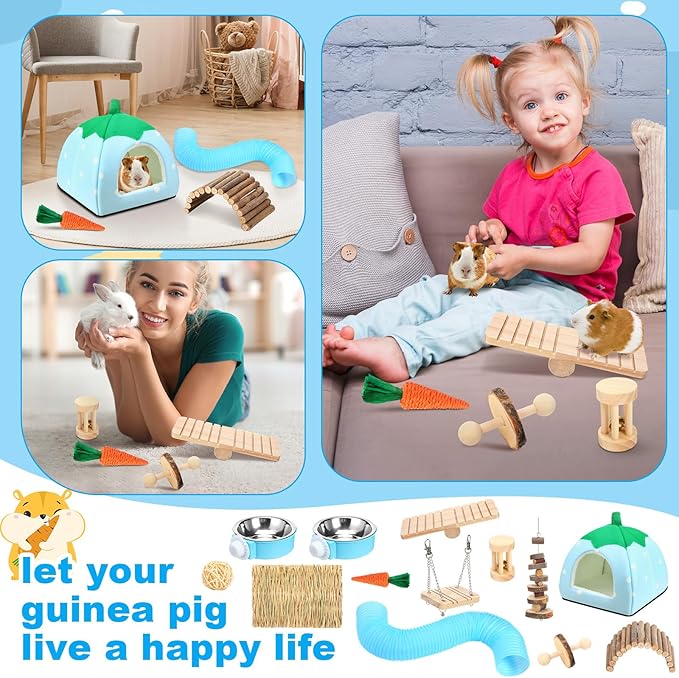 Youyole 13 Pcs Guinea Pig Starter Kit Hamster Toys Bed Guinea Pig Cage Accessories with Tunnel Grass Mats Pet Food Bowl for Christmas Chinchillas Hedgehogs Ferrets Rabbit Hideout Essentials(Blue)